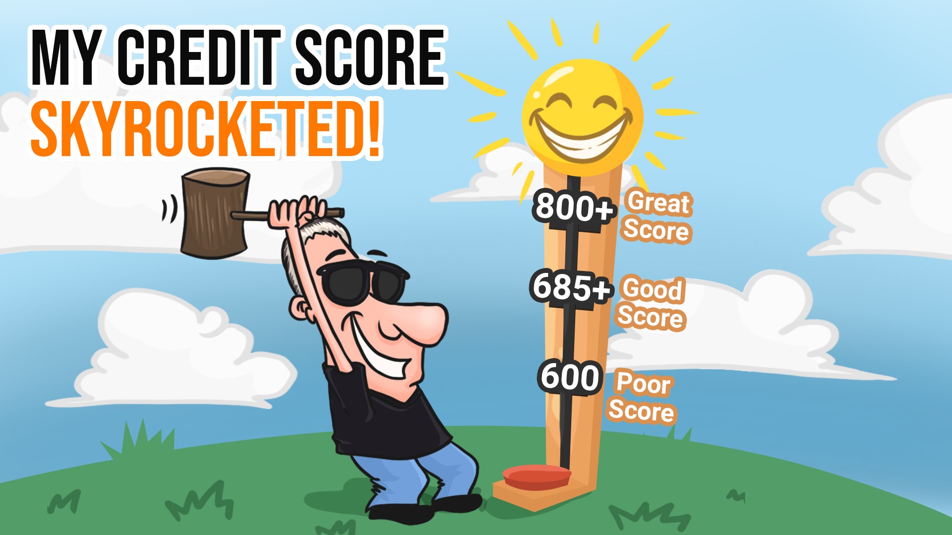 KAL Kreations credit-score cartoon showing a character raising a score marker toward 800 plus
